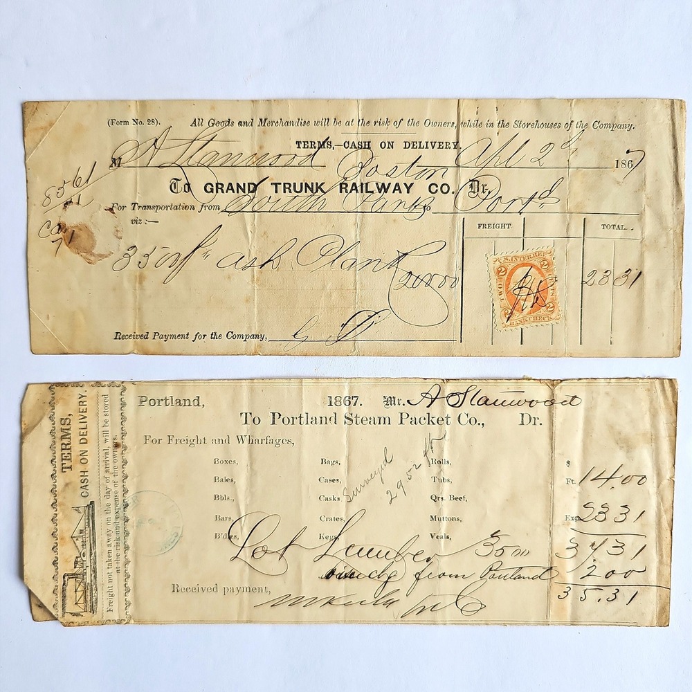 1867 Grand Trunk Railway Portland Steam Packet Co Receipts Revenue Stamp Antique